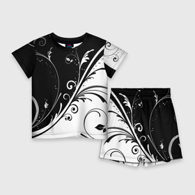 Детский костюм с шортами 3D с принтом Цветочный узор Black  White в Белгороде,  |  | абстракция | белый | инь янь | модные | прикольные картинки | природа | растения | тренды | узоры | цветы | черный