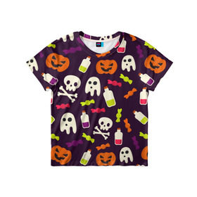 Детская футболка 3D с принтом Halloween в Белгороде, 100% гипоаллергенный полиэфир | прямой крой, круглый вырез горловины, длина до линии бедер, чуть спущенное плечо, ткань немного тянется | halloween | сладости | тыква | хэллоуин | череп