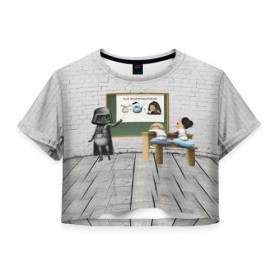 Женская футболка 3D укороченная с принтом Вейдер-учитель в Белгороде, 100% полиэстер | круглая горловина, длина футболки до линии талии, рукава с отворотами | 