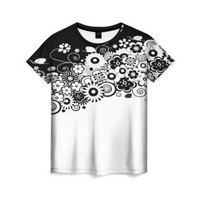 Женская футболка 3D с принтом Черно-белые цветы в Белгороде, 100% полиэфир ( синтетическое хлопкоподобное полотно) | прямой крой, круглый вырез горловины, длина до линии бедер | blossom | flower | garden stuff | green stuff | бабочки | узор | цветочный орнамент | цветы | цеточный узор