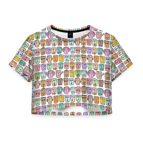 Женская футболка 3D укороченная с принтом Набор рожиц в Белгороде, 100% полиэстер | круглая горловина, длина футболки до линии талии, рукава с отворотами | 