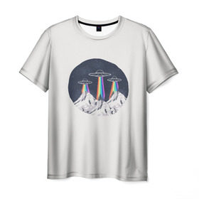 Мужская футболка 3D с принтом НЛО в Горах в Белгороде, 100% полиэфир | прямой крой, круглый вырез горловины, длина до линии бедер | Тематика изображения на принте: горы | елки | звезды | земля | инопланетяне | небо | ночь | радуга | снег | тарелка | эверест | эльбрус