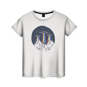 Женская футболка 3D с принтом НЛО в Горах в Белгороде, 100% полиэфир ( синтетическое хлопкоподобное полотно) | прямой крой, круглый вырез горловины, длина до линии бедер | горы | елки | звезды | земля | инопланетяне | небо | ночь | радуга | снег | тарелка | эверест | эльбрус