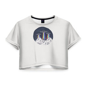 Женская футболка 3D укороченная с принтом НЛО в Горах в Белгороде, 100% полиэстер | круглая горловина, длина футболки до линии талии, рукава с отворотами | горы | елки | звезды | земля | инопланетяне | небо | ночь | радуга | снег | тарелка | эверест | эльбрус