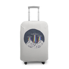 Чехол для чемодана 3D с принтом НЛО в Горах в Белгороде, 86% полиэфир, 14% спандекс | двустороннее нанесение принта, прорези для ручек и колес | горы | елки | звезды | земля | инопланетяне | небо | ночь | радуга | снег | тарелка | эверест | эльбрус