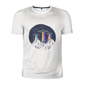 Мужская футболка 3D спортивная с принтом НЛО в Горах в Белгороде, 100% полиэстер с улучшенными характеристиками | приталенный силуэт, круглая горловина, широкие плечи, сужается к линии бедра | Тематика изображения на принте: горы | елки | звезды | земля | инопланетяне | небо | ночь | радуга | снег | тарелка | эверест | эльбрус