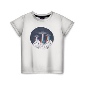 Детская футболка 3D с принтом НЛО в Горах в Белгороде, 100% гипоаллергенный полиэфир | прямой крой, круглый вырез горловины, длина до линии бедер, чуть спущенное плечо, ткань немного тянется | горы | елки | звезды | земля | инопланетяне | небо | ночь | радуга | снег | тарелка | эверест | эльбрус