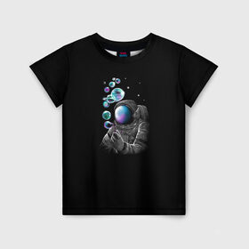 Детская футболка 3D с принтом Космические Пузыри в Белгороде, 100% гипоаллергенный полиэфир | прямой крой, круглый вырез горловины, длина до линии бедер, чуть спущенное плечо, ткань немного тянется | Тематика изображения на принте: астронавт | звезды | земля | космос | марс | мыльные | планеты | скафандр