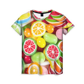 Женская футболка 3D с принтом Candy в Белгороде, 100% полиэфир ( синтетическое хлопкоподобное полотно) | прямой крой, круглый вырез горловины, длина до линии бедер | candy | colorful | lollipop | sweet | конфеты | леденцы | сладости