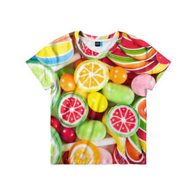 Детская футболка 3D с принтом Candy в Белгороде, 100% гипоаллергенный полиэфир | прямой крой, круглый вырез горловины, длина до линии бедер, чуть спущенное плечо, ткань немного тянется | candy | colorful | lollipop | sweet | конфеты | леденцы | сладости