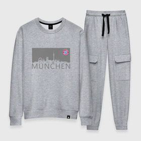 Женский костюм хлопок с принтом Bayern Munchen - Munchen City grey (2018) в Белгороде, 100% хлопок | на свитшоте круглая горловина, мягкая резинка по низу. Брюки заужены к низу, на них два вида карманов: два 
