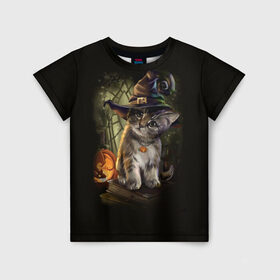 Детская футболка 3D с принтом Ведьмин котенок в Белгороде, 100% гипоаллергенный полиэфир | прямой крой, круглый вырез горловины, длина до линии бедер, чуть спущенное плечо, ткань немного тянется | jack | ведьма | кот | котенок | кошка | тыква | хэллоуин