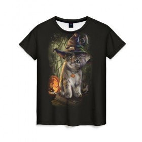 Женская футболка 3D с принтом Ведьмин котенок в Белгороде, 100% полиэфир ( синтетическое хлопкоподобное полотно) | прямой крой, круглый вырез горловины, длина до линии бедер | jack | ведьма | кот | котенок | кошка | тыква | хэллоуин
