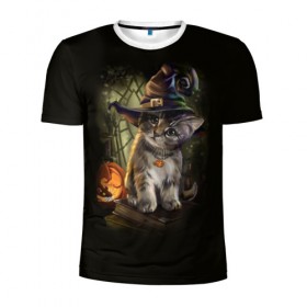 Мужская футболка 3D спортивная с принтом Ведьмин котенок в Белгороде, 100% полиэстер с улучшенными характеристиками | приталенный силуэт, круглая горловина, широкие плечи, сужается к линии бедра | Тематика изображения на принте: jack | ведьма | кот | котенок | кошка | тыква | хэллоуин