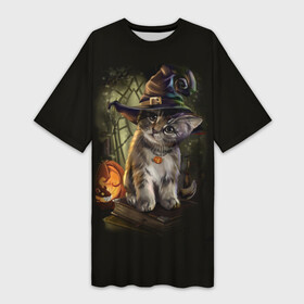 Платье-футболка 3D с принтом Ведьмин котенок в Белгороде,  |  | jack | ведьма | кот | котенок | кошка | тыква | хэллоуин