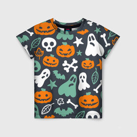 Детская футболка 3D с принтом Halloween в Белгороде, 100% гипоаллергенный полиэфир | прямой крой, круглый вырез горловины, длина до линии бедер, чуть спущенное плечо, ткань немного тянется | звёзды | кости | летучие мыши | листья | привидения | тыквы
