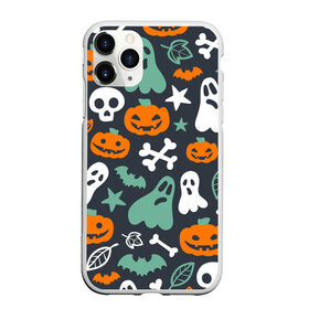 Чехол для iPhone 11 Pro матовый с принтом Halloween в Белгороде, Силикон |  | звёзды | кости | летучие мыши | листья | привидения | тыквы