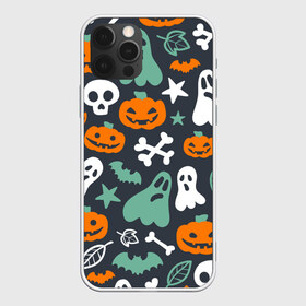 Чехол для iPhone 12 Pro Max с принтом Halloween в Белгороде, Силикон |  | звёзды | кости | летучие мыши | листья | привидения | тыквы