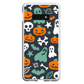 Чехол для Samsung S10E с принтом Halloween в Белгороде, Силикон | Область печати: задняя сторона чехла, без боковых панелей | звёзды | кости | летучие мыши | листья | привидения | тыквы