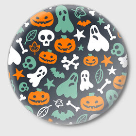 Значок с принтом Halloween в Белгороде,  металл | круглая форма, металлическая застежка в виде булавки | звёзды | кости | летучие мыши | листья | привидения | тыквы
