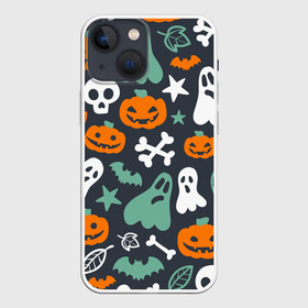 Чехол для iPhone 13 mini с принтом Halloween в Белгороде,  |  | звёзды | кости | летучие мыши | листья | привидения | тыквы