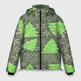 Мужская зимняя куртка 3D с принтом Зелёные ёлочки в Белгороде, верх — 100% полиэстер; подкладка — 100% полиэстер; утеплитель — 100% полиэстер | длина ниже бедра, свободный силуэт Оверсайз. Есть воротник-стойка, отстегивающийся капюшон и ветрозащитная планка. 

Боковые карманы с листочкой на кнопках и внутренний карман на молнии. | new year | santa | дед мороз | елка | елочки | новогодний | новый год | рождество | сантаклаус | снег | снежинки