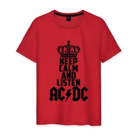 Мужская футболка хлопок с принтом Keep calm and listen AC/DC в Белгороде, 100% хлопок | прямой крой, круглый вырез горловины, длина до линии бедер, слегка спущенное плечо. | ac dc | acdc | австралийская | альбом | ангус янг | блюз рок | гитара | головы | группа | крис слэйд | музыканты | надпись | певцы | рок | рок н ролл | стиви янг | хард рок | эксл роуз