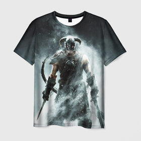 Мужская футболка 3D с принтом Skyrim в Белгороде, 100% полиэфир | прямой крой, круглый вырез горловины, длина до линии бедер | Тематика изображения на принте: elder scrolls | дракон | игра | свитки | скайрим