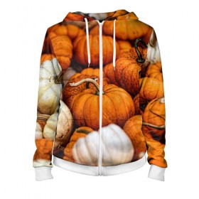 Женская толстовка 3D на молнии с принтом тыквы в Белгороде, 100% полиэстер | длина до линии бедра, манжеты и пояс оформлены мягкой тканевой резинкой, двухслойный капюшон со шнурком для регулировки, спереди молния, по бокам два кармана | halloween | дача | овощи | октябрь | оранжевый | осень | сентябрь | тыква | хеллуин