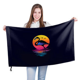 Флаг 3D с принтом Фламинго дитя заката в Белгороде, 100% полиэстер | плотность ткани — 95 г/м2, размер — 67 х 109 см. Принт наносится с одной стороны | закат | море | птица | ретро | стиль | фламинго