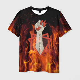 Мужская футболка 3D с принтом Hot Heart в Белгороде, 100% полиэфир | прямой крой, круглый вырез горловины, длина до линии бедер | fire | heart | hot | satan | горячий | красный | культ | надписи | огниво | огонь | пекло | рок | рокнролл | рука | сатана | секта | сердце | сила | тату | черный | яркие