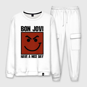 Мужской костюм хлопок с принтом Bon Jovi have a nice day в Белгороде, 100% хлопок | на свитшоте круглая горловина, мягкая резинка по низу. Брюки заужены к низу, на них два вида карманов: два “обычных” по бокам и два объемных, с клапанами, расположенные ниже линии бедра. Брюки с мягкой трикотажной резинкой на поясе и по низу штанин. В поясе для дополнительного комфорта — широкие завязки | bon jovi | бон | бон джови | глэм | группа | джови | джон | метал | рок | хард