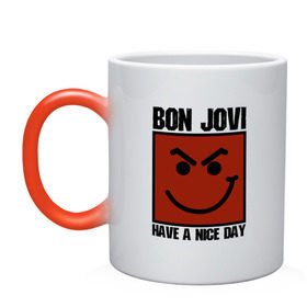 Кружка хамелеон с принтом Bon Jovi, have a nice day в Белгороде, керамика | меняет цвет при нагревании, емкость 330 мл | Тематика изображения на принте: bon jovi | бон | бон джови | глэм | группа | джови | джон | метал | рок | хард