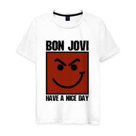 Мужская футболка хлопок с принтом Bon Jovi, have a nice day в Белгороде, 100% хлопок | прямой крой, круглый вырез горловины, длина до линии бедер, слегка спущенное плечо. | Тематика изображения на принте: bon jovi | бон | бон джови | глэм | группа | джови | джон | метал | рок | хард