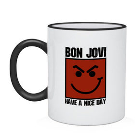 Кружка двухцветная с принтом Bon Jovi, have a nice day в Белгороде, керамика | объем — 330 мл, диаметр — 80 мм. Цветная ручка и кайма сверху, в некоторых цветах — вся внутренняя часть | bon jovi | бон | бон джови | глэм | группа | джови | джон | метал | рок | хард