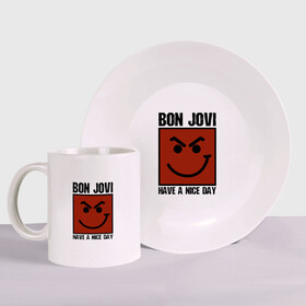 Набор: тарелка + кружка с принтом Bon Jovi, have a nice day в Белгороде, керамика | Кружка: объем — 330 мл, диаметр — 80 мм. Принт наносится на бока кружки, можно сделать два разных изображения. 
Тарелка: диаметр - 210 мм, диаметр для нанесения принта - 120 мм. | bon jovi | бон | бон джови | глэм | группа | джови | джон | метал | рок | хард
