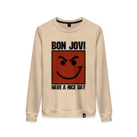 Женский свитшот хлопок с принтом Bon Jovi, have a nice day в Белгороде, 100% хлопок | прямой крой, круглый вырез, на манжетах и по низу широкая трикотажная резинка  | bon jovi | бон | бон джови | глэм | группа | джови | джон | метал | рок | хард