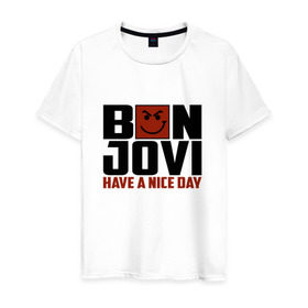 Мужская футболка хлопок с принтом Bon Jovi, have a nice day в Белгороде, 100% хлопок | прямой крой, круглый вырез горловины, длина до линии бедер, слегка спущенное плечо. | bon jovi | бон | бон джови | глэм | группа | джови | джон | метал | рок | хард