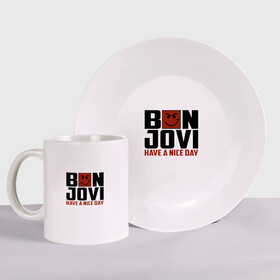 Набор: тарелка + кружка с принтом Bon Jovi, have a nice day в Белгороде, керамика | Кружка: объем — 330 мл, диаметр — 80 мм. Принт наносится на бока кружки, можно сделать два разных изображения. 
Тарелка: диаметр - 210 мм, диаметр для нанесения принта - 120 мм. | Тематика изображения на принте: bon jovi | бон | бон джови | глэм | группа | джови | джон | метал | рок | хард