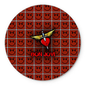 Коврик круглый с принтом Смайлы Bon Jovi в Белгороде, резина и полиэстер | круглая форма, изображение наносится на всю лицевую часть | Тематика изображения на принте: bon jovi | бон | бон джови | глэм | группа | джови | джон | рок | хард