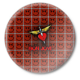 Значок с принтом Смайлы Bon Jovi в Белгороде,  металл | круглая форма, металлическая застежка в виде булавки | bon jovi | бон | бон джови | глэм | группа | джови | джон | рок | хард