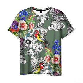 Мужская футболка 3D с принтом Райский остров в Белгороде, 100% полиэфир | прямой крой, круглый вырез горловины, длина до линии бедер | арт | краска | попугаи | попугай | прикольные | рай | тропики | цветные | цветок | цветы
