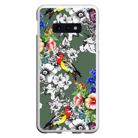 Чехол для Samsung S10E с принтом Райский остров в Белгороде, Силикон | Область печати: задняя сторона чехла, без боковых панелей | арт | краска | попугаи | попугай | прикольные | рай | тропики | цветные | цветок | цветы