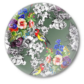 Значок с принтом Райский остров в Белгороде,  металл | круглая форма, металлическая застежка в виде булавки | арт | краска | попугаи | попугай | прикольные | рай | тропики | цветные | цветок | цветы