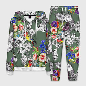 Мужской костюм 3D с принтом Райский остров в Белгороде, 100% полиэстер | Манжеты и пояс оформлены тканевой резинкой, двухслойный капюшон со шнурком для регулировки, карманы спереди | арт | краска | попугаи | попугай | прикольные | рай | тропики | цветные | цветок | цветы