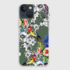 Чехол для iPhone 13 mini с принтом Райский остров в Белгороде,  |  | Тематика изображения на принте: арт | краска | попугаи | попугай | прикольные | рай | тропики | цветные | цветок | цветы