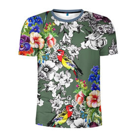 Мужская футболка 3D спортивная с принтом Райский остров в Белгороде, 100% полиэстер с улучшенными характеристиками | приталенный силуэт, круглая горловина, широкие плечи, сужается к линии бедра | арт | краска | попугаи | попугай | прикольные | рай | тропики | цветные | цветок | цветы