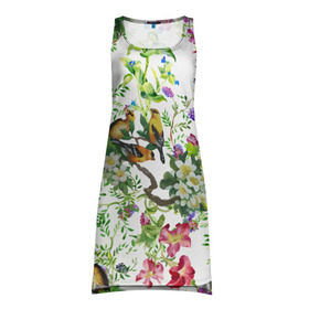 Платье-майка 3D с принтом Райский остров в Белгороде, 100% полиэстер | полуприлегающий силуэт, широкие бретели, круглый вырез горловины, удлиненный подол сзади. | арт | краска | попугаи | попугай | прикольные | рай | тропики | цветные | цветок | цветы