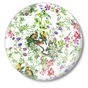 Значок с принтом Райский остров в Белгороде,  металл | круглая форма, металлическая застежка в виде булавки | Тематика изображения на принте: арт | краска | попугаи | попугай | прикольные | рай | тропики | цветные | цветок | цветы
