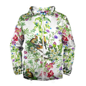 Мужская ветровка 3D с принтом Райский остров в Белгороде, 100% полиэстер | подол и капюшон оформлены резинкой с фиксаторами, два кармана без застежек по бокам, один потайной карман на груди | арт | краска | попугаи | попугай | прикольные | рай | тропики | цветные | цветок | цветы